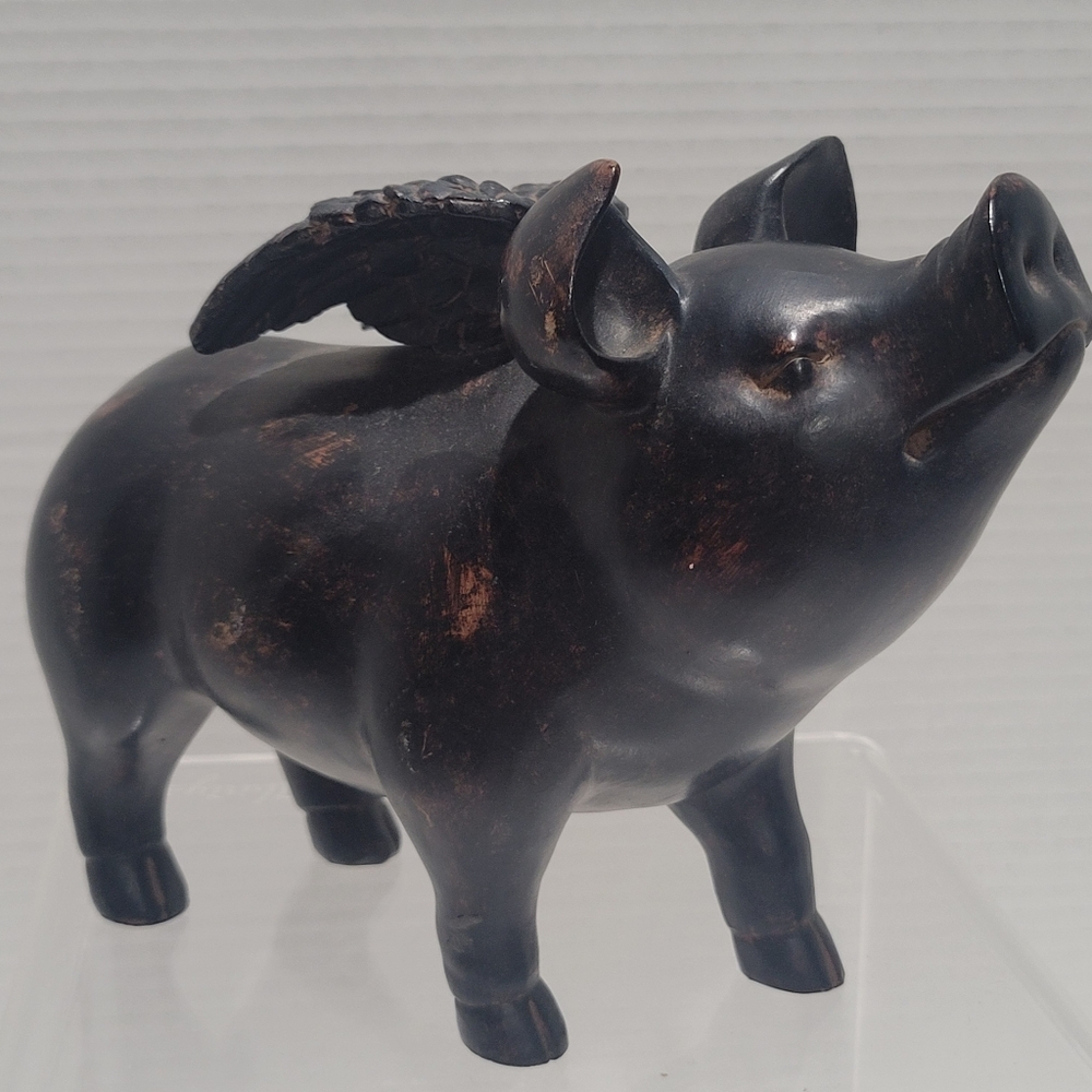 Pig Flying Sculpture Statue Dark Finish Resin Decor Vtg Country Farm